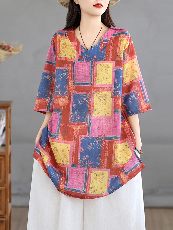 Casual Loose Linen Shirt Dress - Casual Linen Print Top Vintage Loose