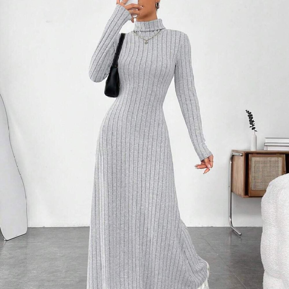 Elegant Autumn High Collar Lon - Bodycon Long Sleeve Ribbed Dress ulasan dan harga