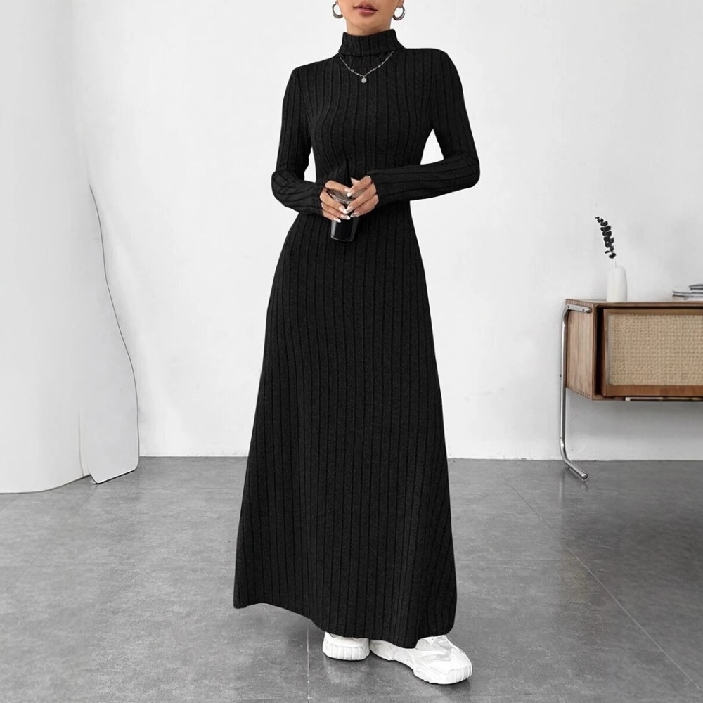 Elegant Autumn High Collar Lon - Bodycon Long Sleeve Ribbed Dress ulasan dan harga