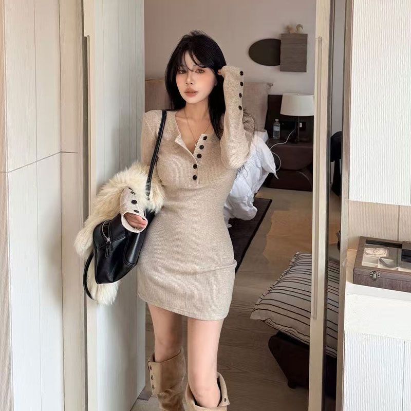 Y2k Women's Bodycon Knit Dress - Bodycon Long Sleeve Ribbed Dress ulasan dan harga