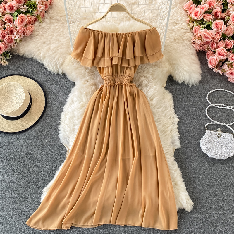 Yellow Solid Women's Beach Dre - Off Shoulder Puff Sleeve Sundress ulasan dan harga