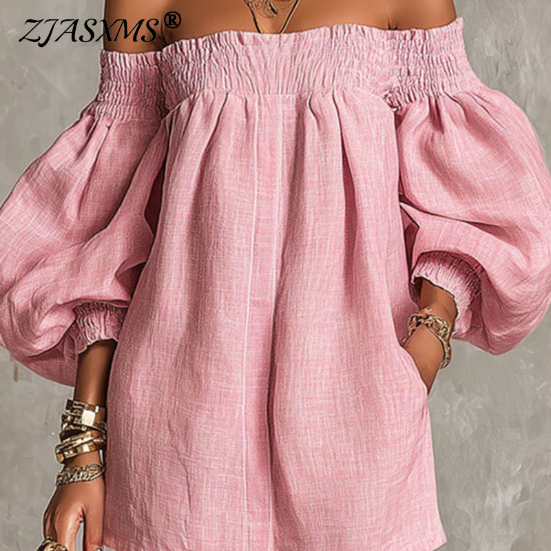 Women's Solid Off Shoulder New - Off Shoulder Puff Sleeve Sundress ulasan dan harga