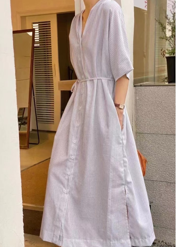 Summer Vintage Striped Linen S - Casual Loose Linen Shirt Dress ulasan dan harga