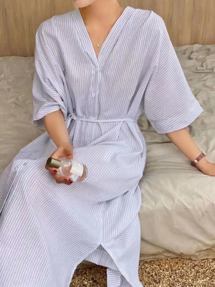 Summer Vintage Striped Linen S - Casual Loose Linen Shirt Dress ulasan dan harga