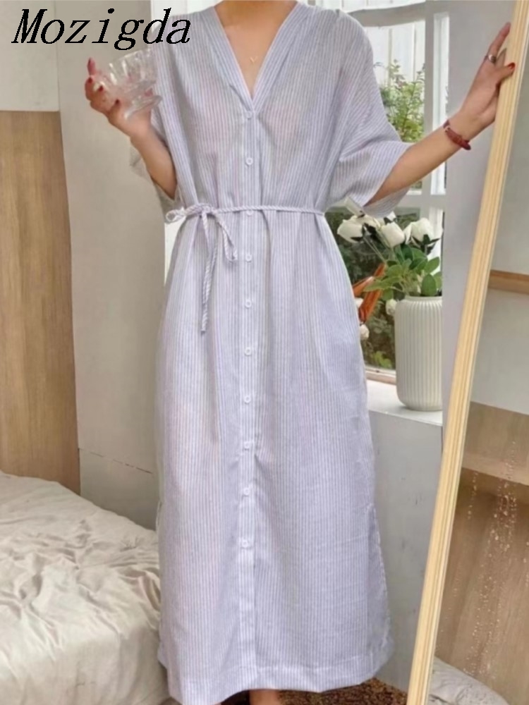 Summer Vintage Striped Linen S - Casual Loose Linen Shirt Dress ulasan dan harga