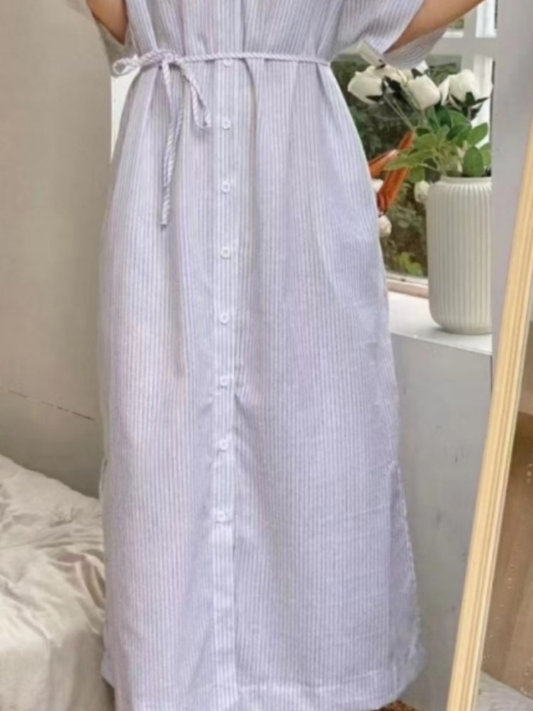Summer Vintage Striped Linen S - Casual Loose Linen Shirt Dress ulasan dan harga