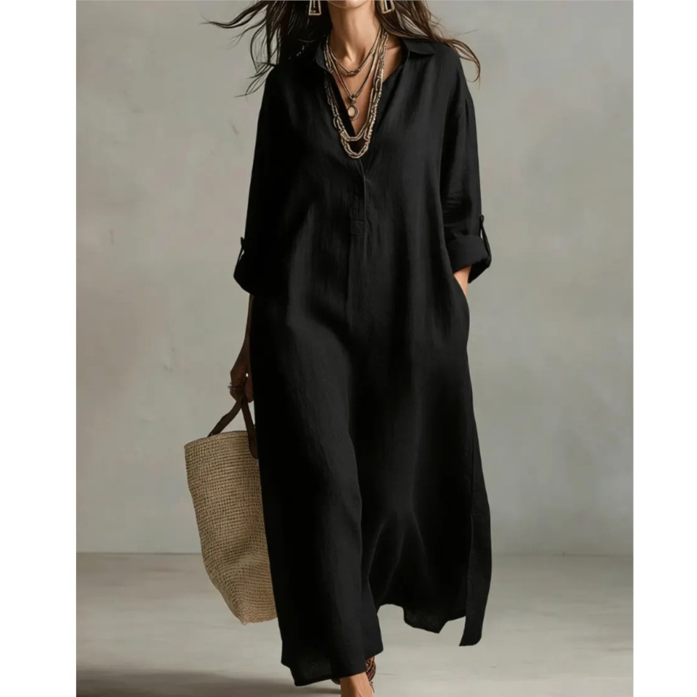 Women Vintage Linen Shirt Dres - Casual Loose Linen Shirt Dress ulasan dan harga