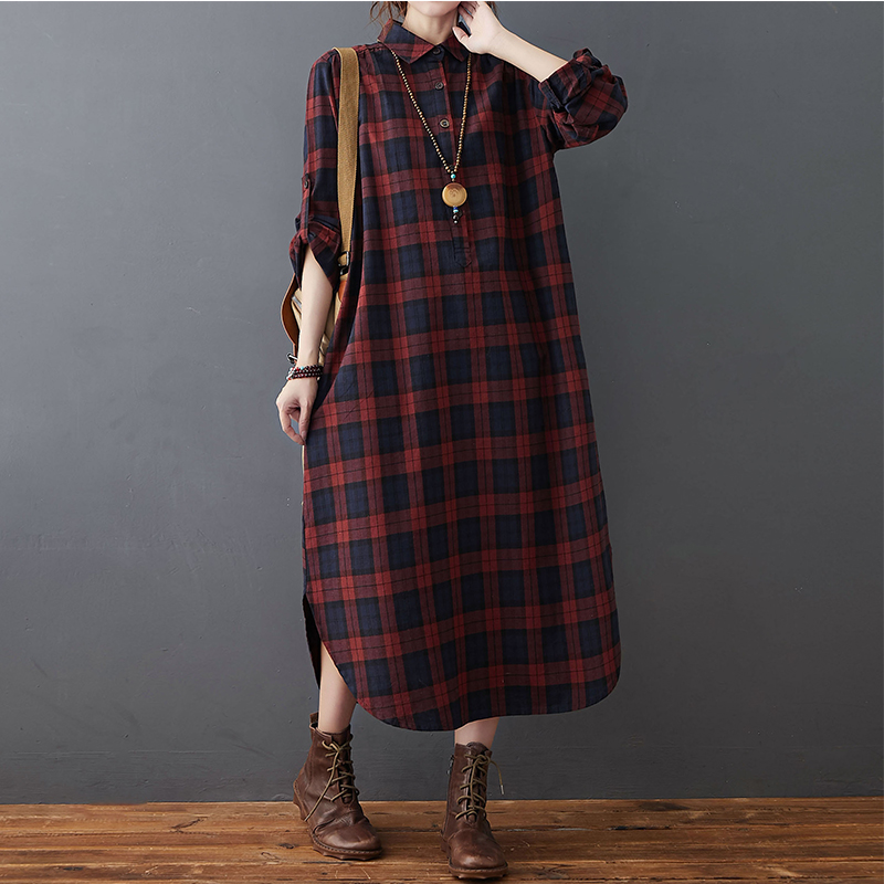 Cotton Linen Dress Women's Aut - Casual Loose Linen Shirt Dress ulasan dan harga