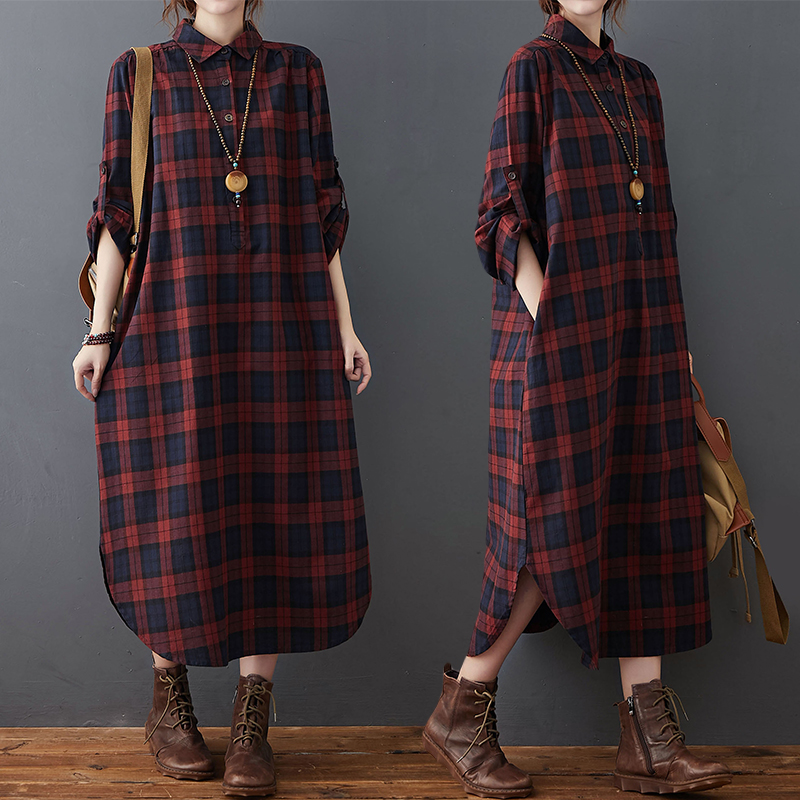 Cotton Linen Dress Women's Aut - Casual Loose Linen Shirt Dress ulasan dan harga