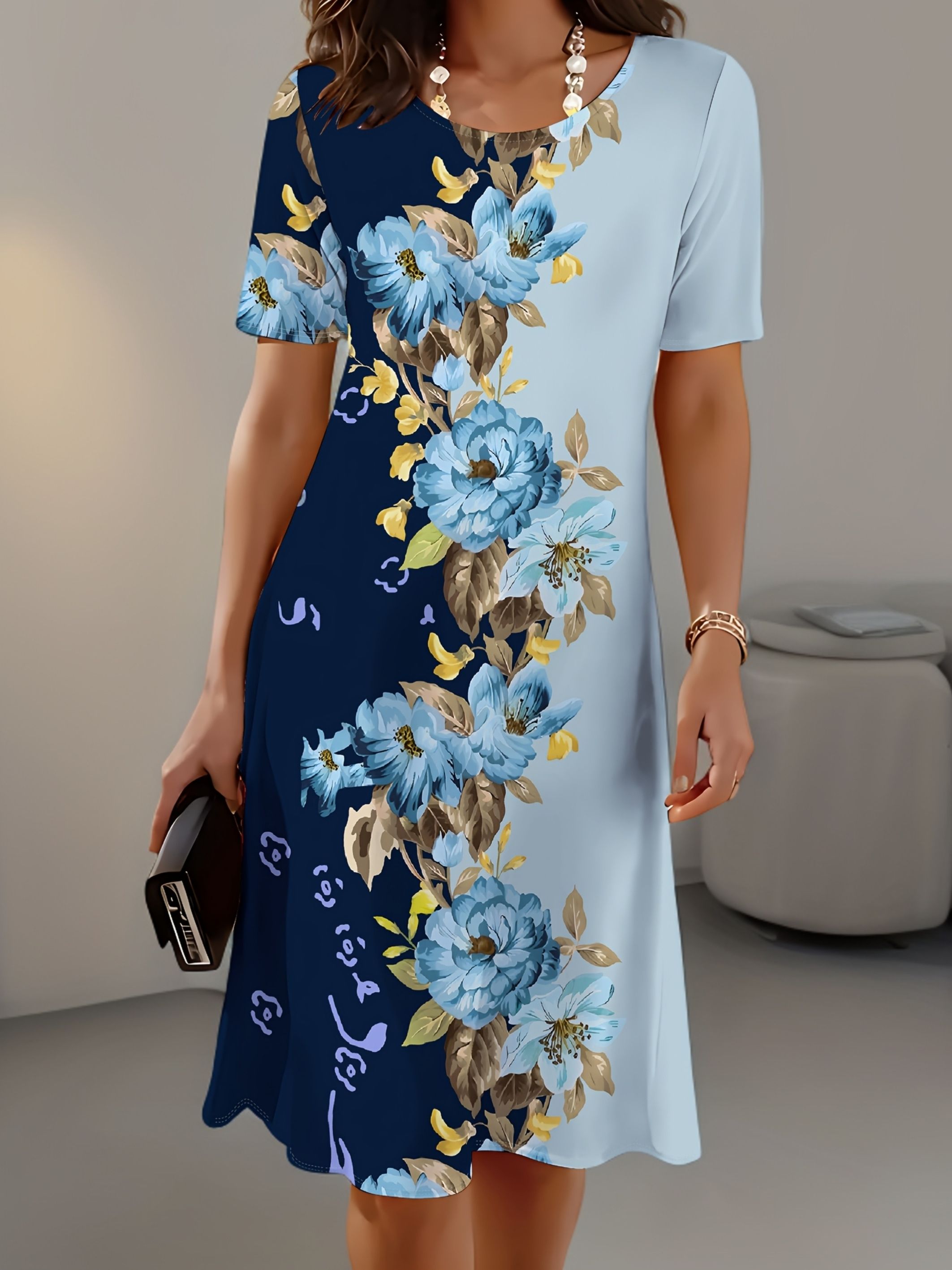 New Women Slim Summer 3D Print - French Vintage Floral Midi Dress ulasan dan harga