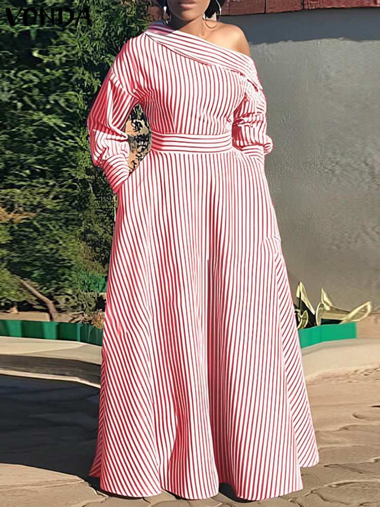 VONDA 2024 Women Elegant Strip - Off Shoulder Puff Sleeve Sundress ulasan dan harga