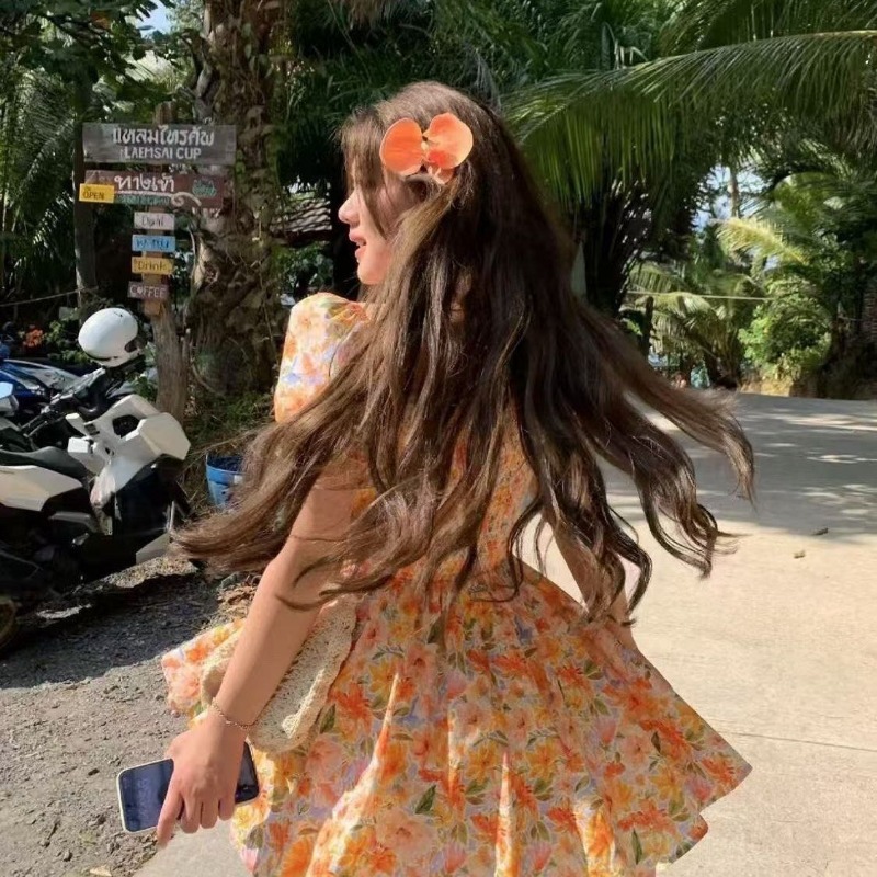 2026 new Orange Floral Print O - Off Shoulder Puff Sleeve Sundress ulasan dan harga