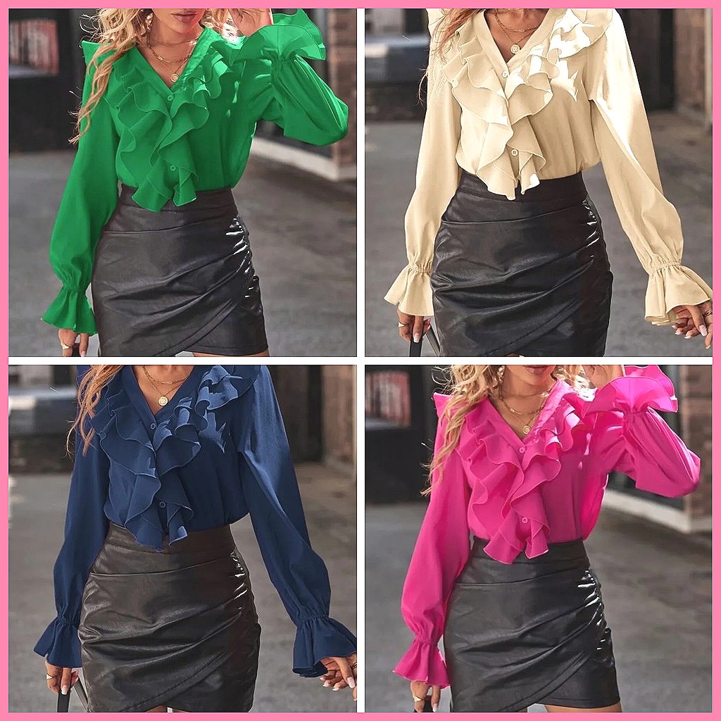 2025 Fashion V-Neck Ruffle Fla - Blouses ulasan dan harga