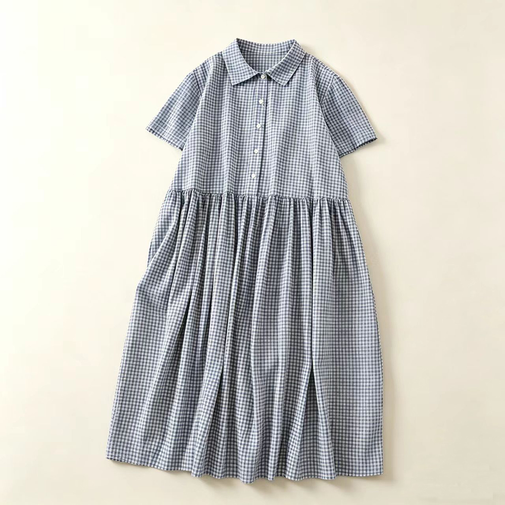 Blue Plaid  Collar Midi Dress  - Casual Loose Linen Shirt Dress ulasan dan harga