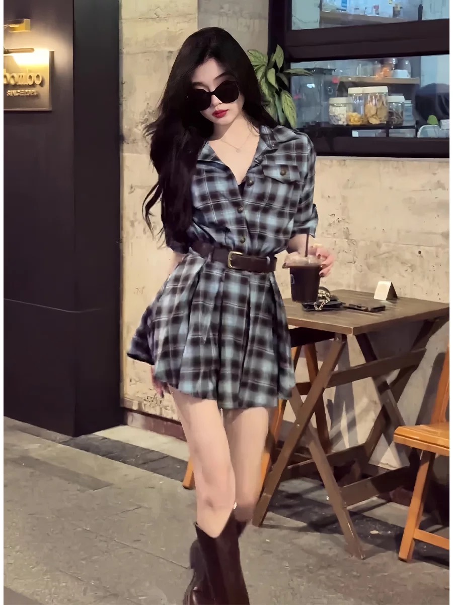 Korean Style Plaid Shirt Dress - Korean Style A Line Shirt Dress ulasan dan harga