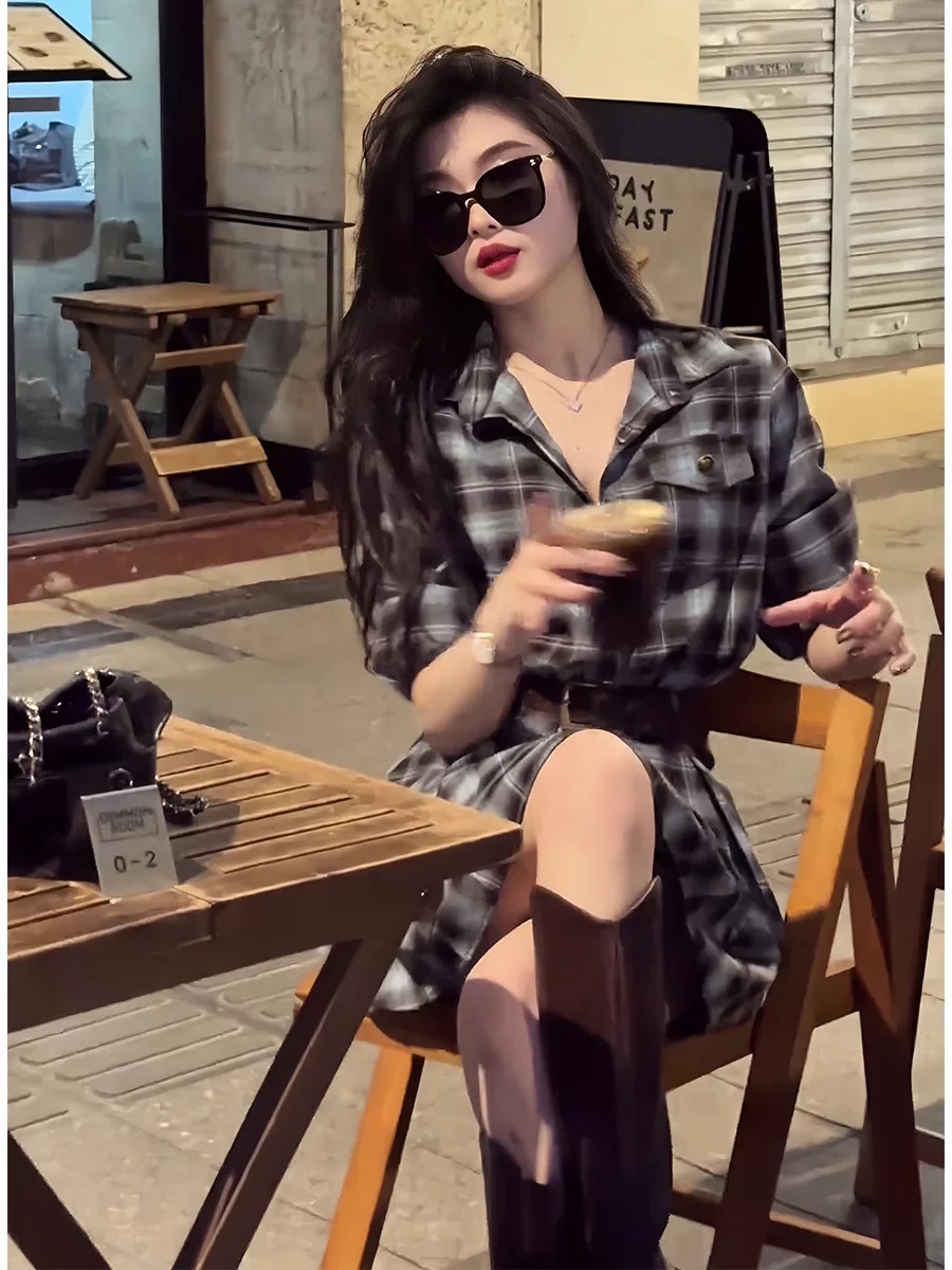 Korean Style Plaid Shirt Dress - Korean Style A Line Shirt Dress ulasan dan harga