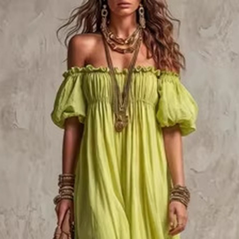Women Elastic Waist Casual Vac - Off Shoulder Puff Sleeve Sundress ulasan dan harga
