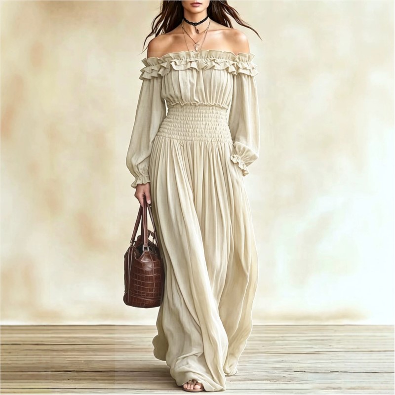 Women Off‑Shoulder Ruffle Maxi - Off Shoulder Puff Sleeve Sundress ulasan dan harga