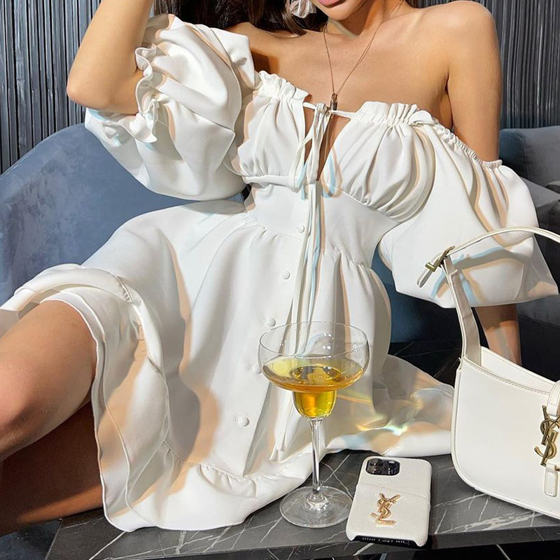 Women's Off Shoulder Mini Dres - Off Shoulder Puff Sleeve Sundress ulasan dan harga