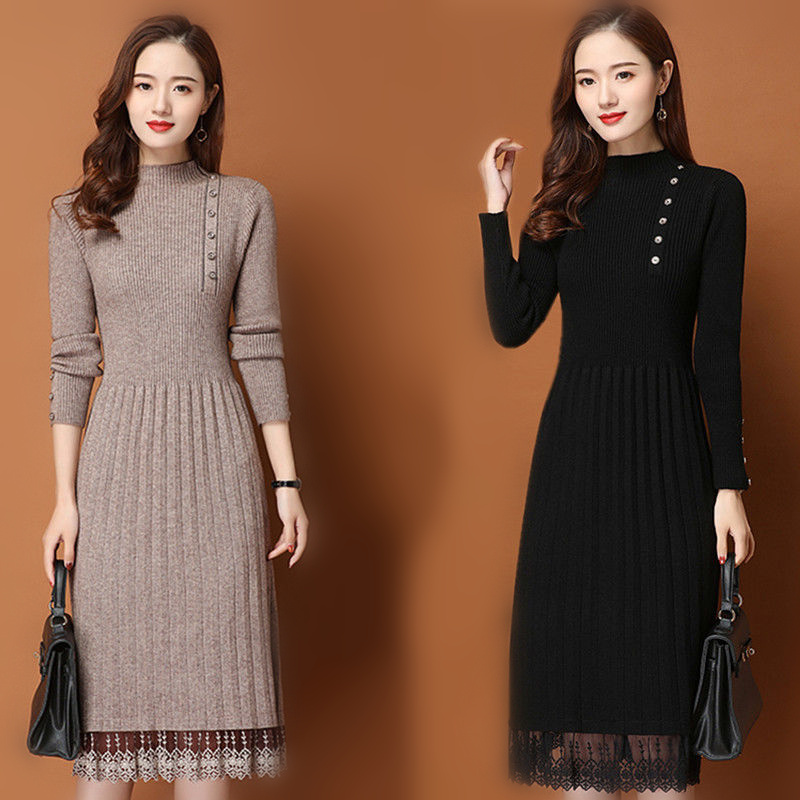Lace Hem Buttons Women Autumn  - Bodycon Long Sleeve Ribbed Dress ulasan dan harga