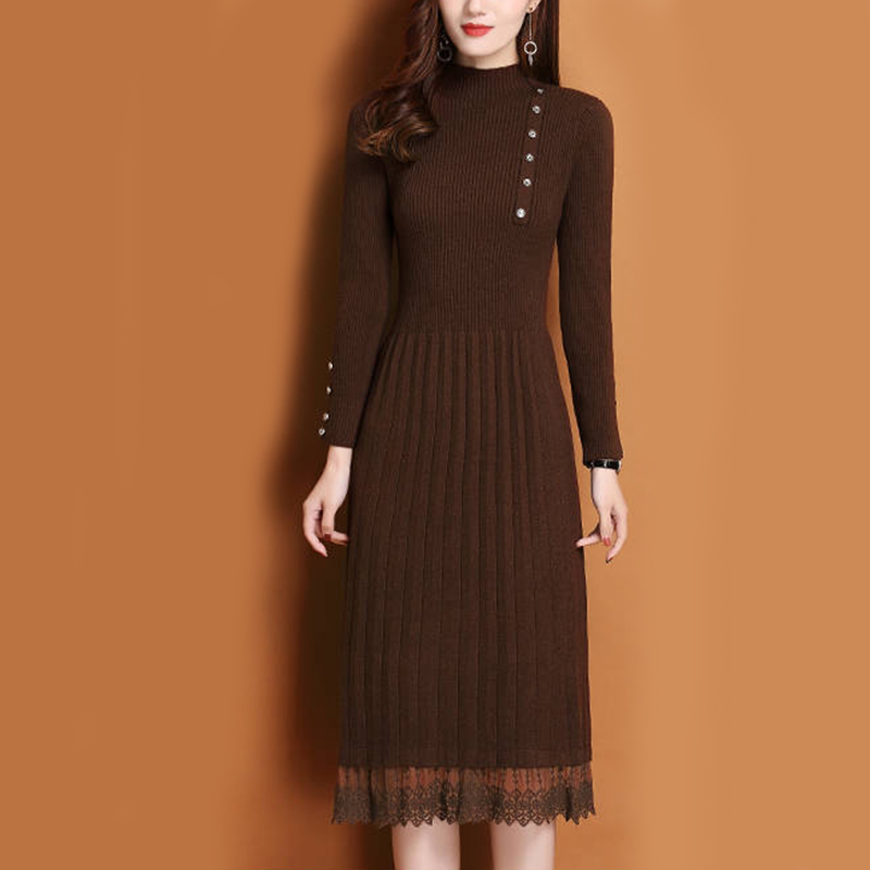 Lace Hem Buttons Women Autumn  - Bodycon Long Sleeve Ribbed Dress ulasan dan harga