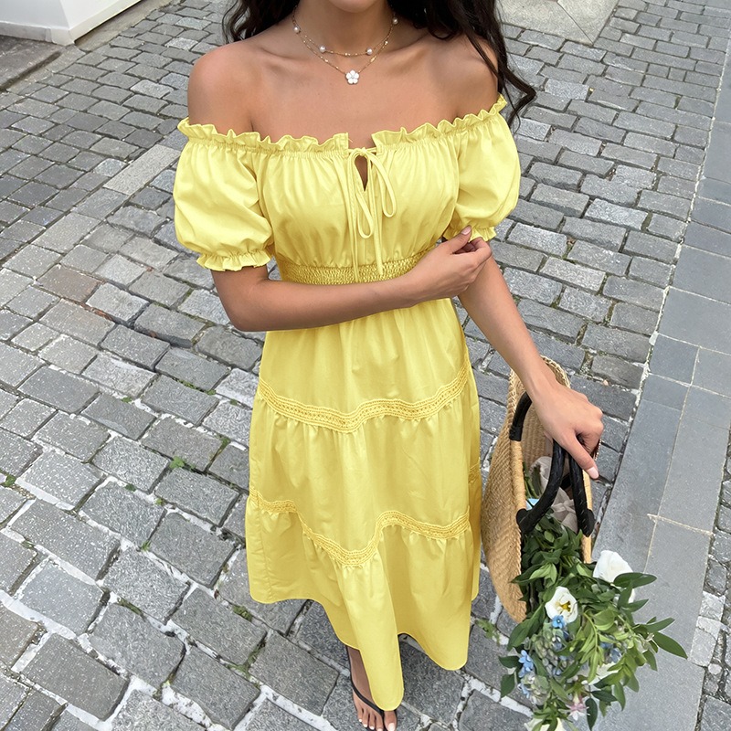 Summer Bohemian Women Yellow O - Off Shoulder Puff Sleeve Sundress ulasan dan harga