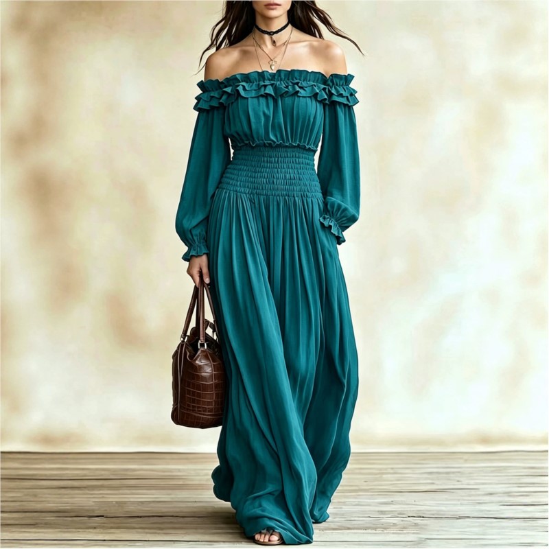 Off Shoulder Fashion Maxi Dres - Off Shoulder Puff Sleeve Sundress ulasan dan harga
