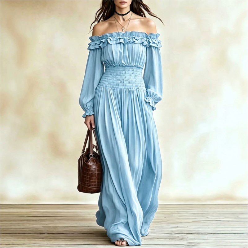 Off Shoulder Fashion Maxi Dres - Off Shoulder Puff Sleeve Sundress ulasan dan harga
