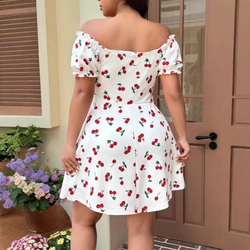 Summer Woman Dress Floral Prin - Off Shoulder Puff Sleeve Sundress ulasan dan harga