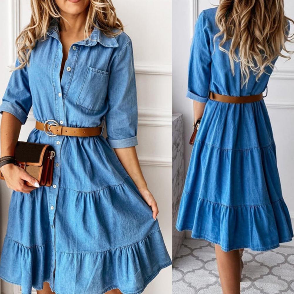 Denim Dress Three Quarter Slee - French Vintage Floral Midi Dress ulasan dan harga
