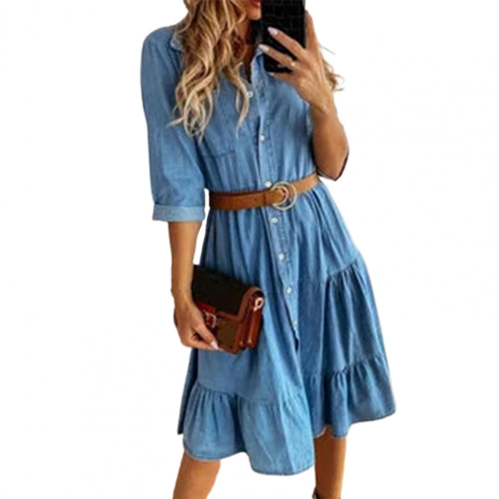 Denim Dress Three Quarter Slee - French Vintage Floral Midi Dress ulasan dan harga