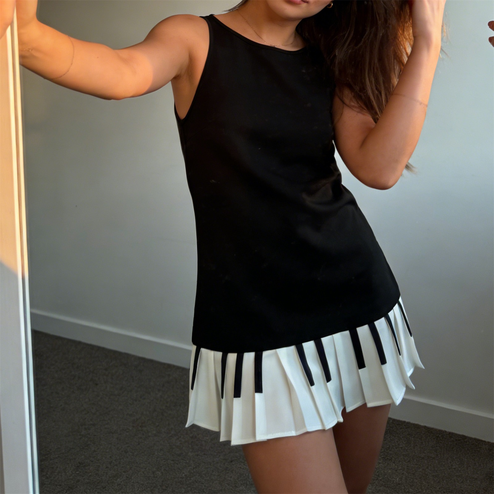 Womens Y2K Piano Key Pleated M - Y2K Backless Halter Mini Dress ulasan dan harga