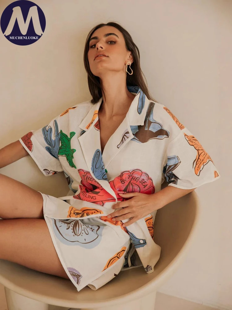 Summer Two Piece Outfits for W - Casual Loose Linen Shirt Dress ulasan dan harga