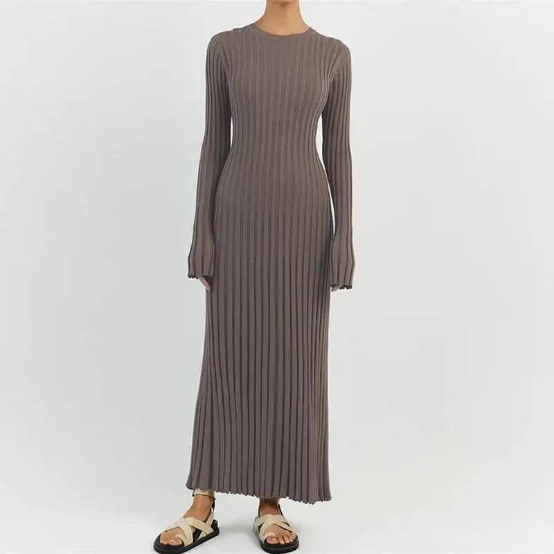 Women Elegant Ribbed Knit Full - Bodycon Long Sleeve Ribbed Dress ulasan dan harga