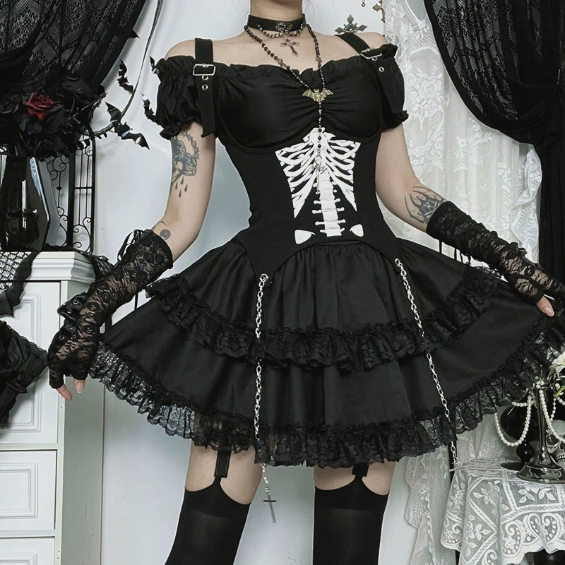 Goth Dark E-girl Kawaii Lace S - Y2K Backless Halter Mini Dress ulasan dan harga