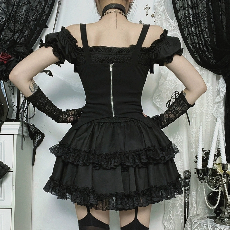 Goth Dark E-girl Kawaii Lace S - Y2K Backless Halter Mini Dress ulasan dan harga