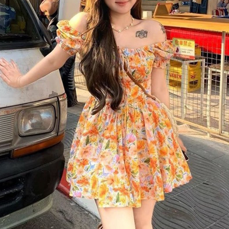 Hotsale Orange Floral Print Of - Off Shoulder Puff Sleeve Sundress ulasan dan harga