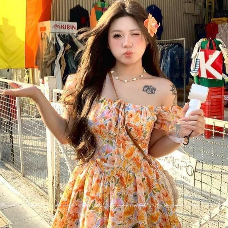 Hotsale Orange Floral Print Of - Off Shoulder Puff Sleeve Sundress ulasan dan harga